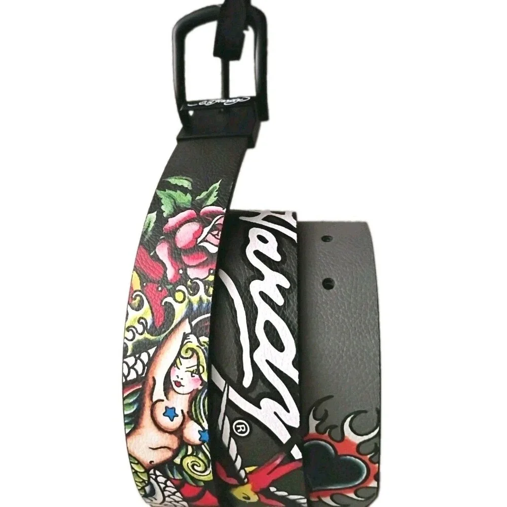 Ed Hardy Men's Size 38 Reversible Belt Grey Black Tattoo Graphics Mermaid NWT